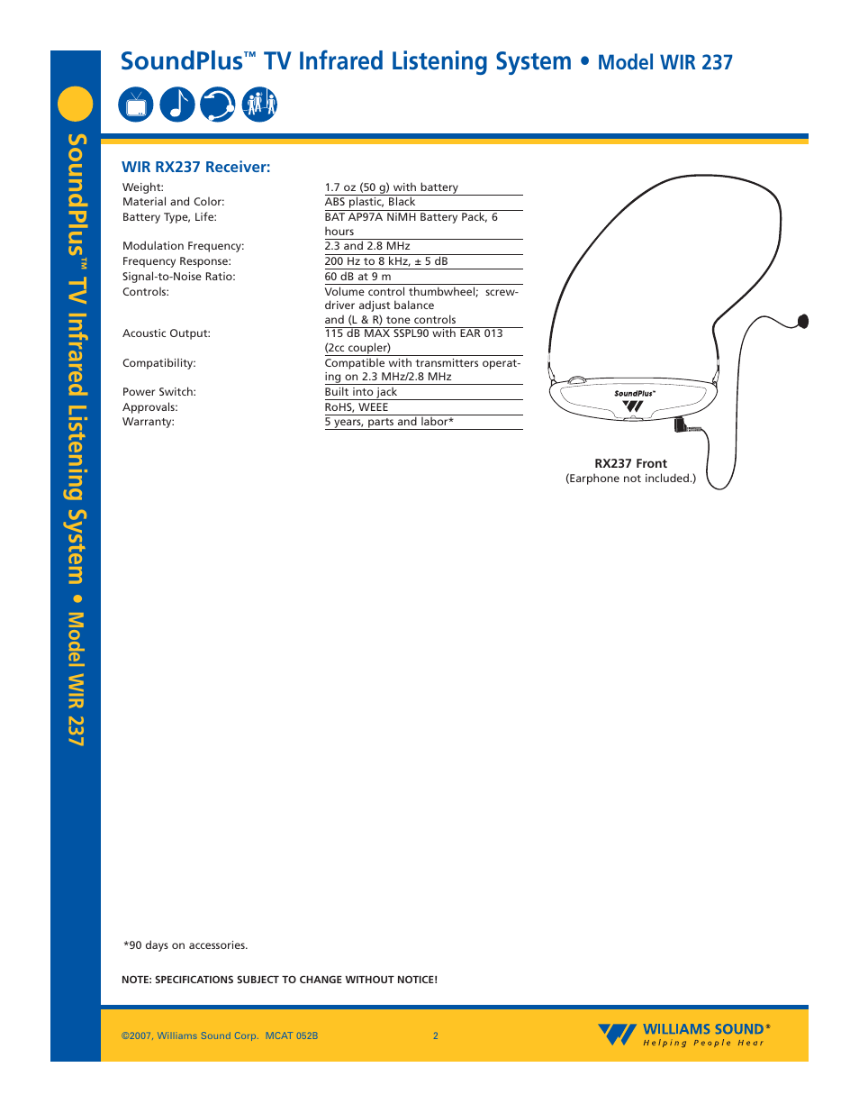 Soundplus, Tv infrar ed listening system, Tv infrared listening system | Model wir 237 | Williams Sound WIR 237 User Manual | Page 2 / 4