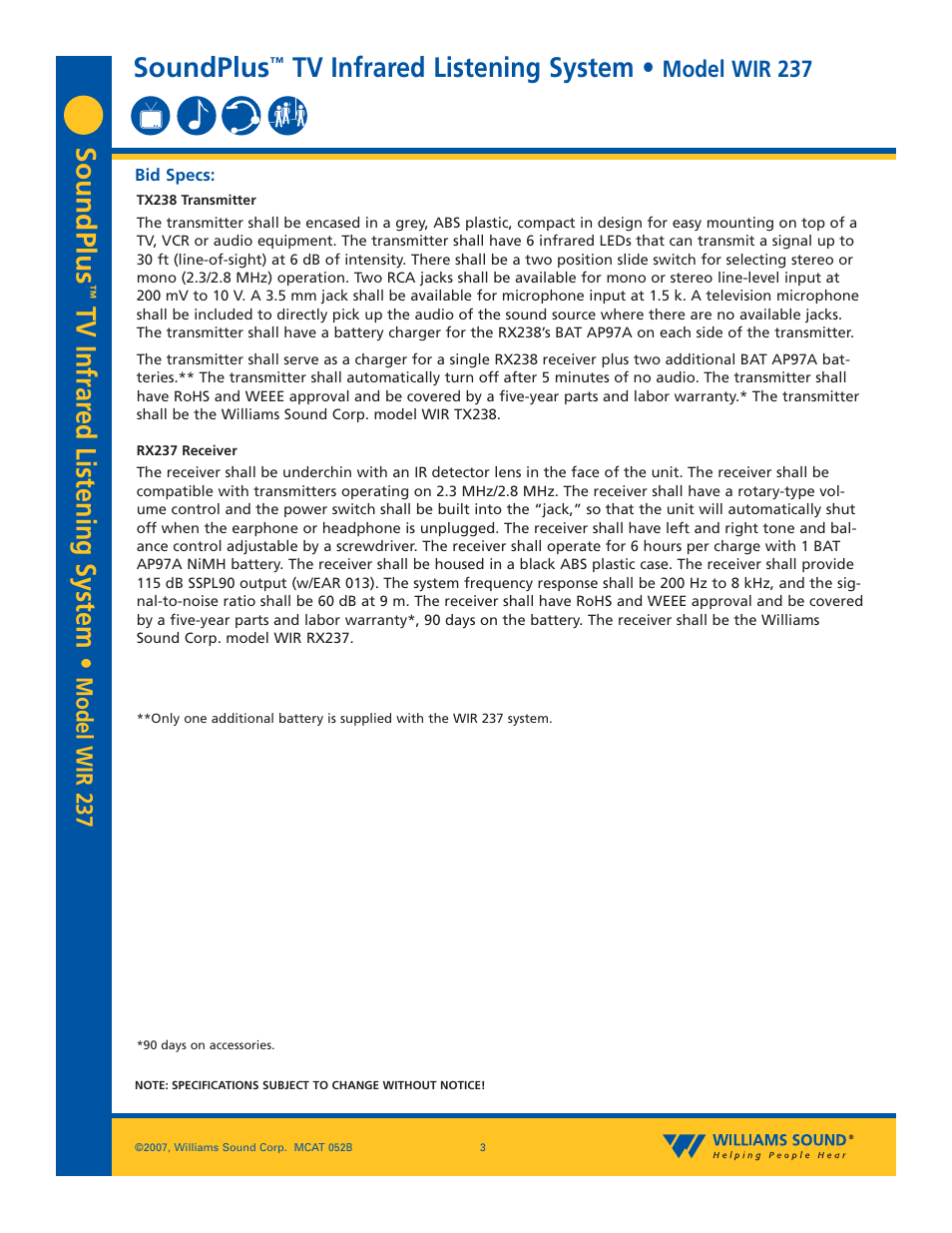 Soundplus, Tv infrar ed listening system, Tv infrared listening system | Model wir 237 | Williams Sound WIR 237 User Manual | Page 3 / 4