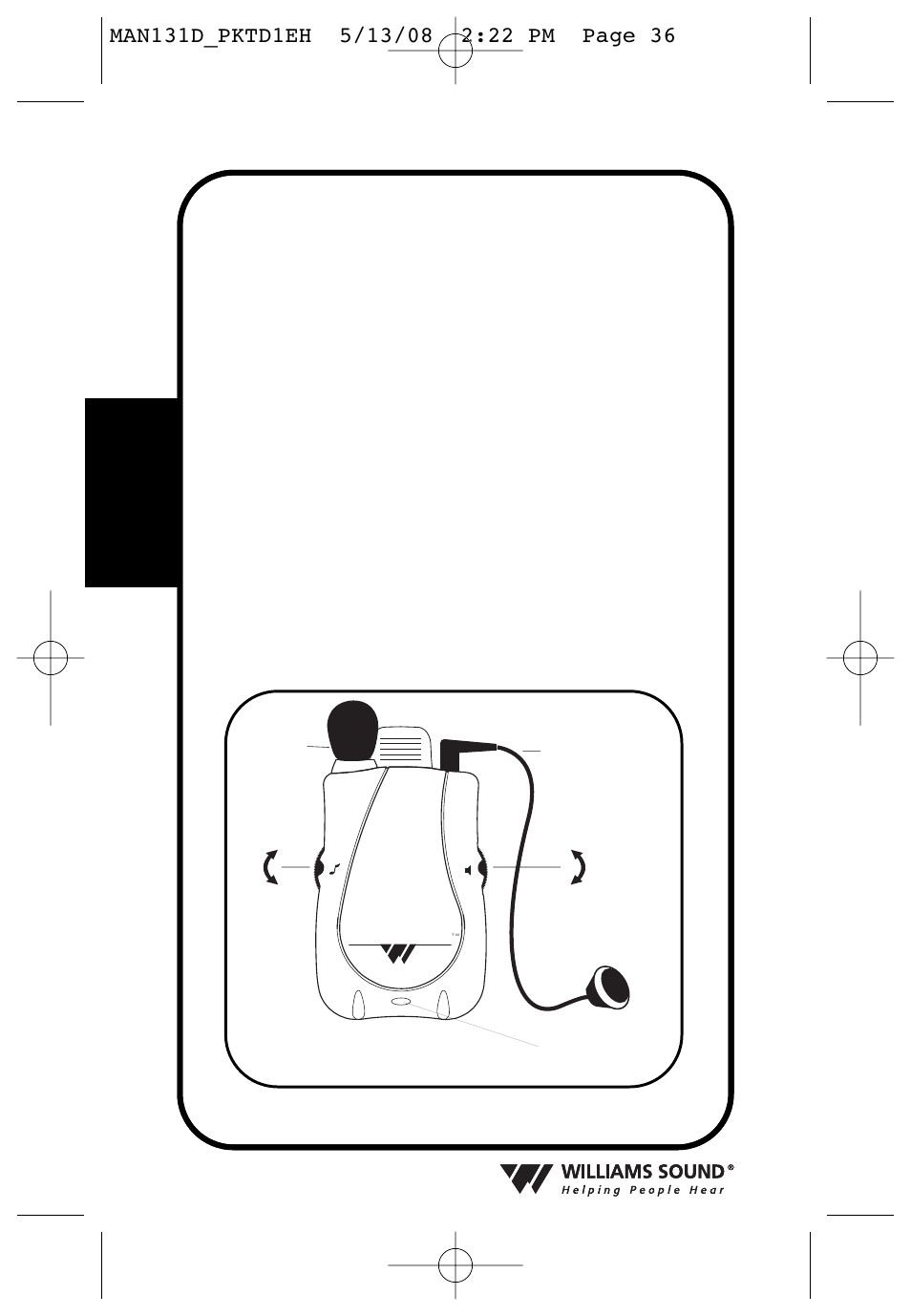 Pocketalker, Ultra: vista fontal, Ultra girando el control del volumen en | Sp añol | Williams Sound PKT D1 User Manual | Page 36 / 80