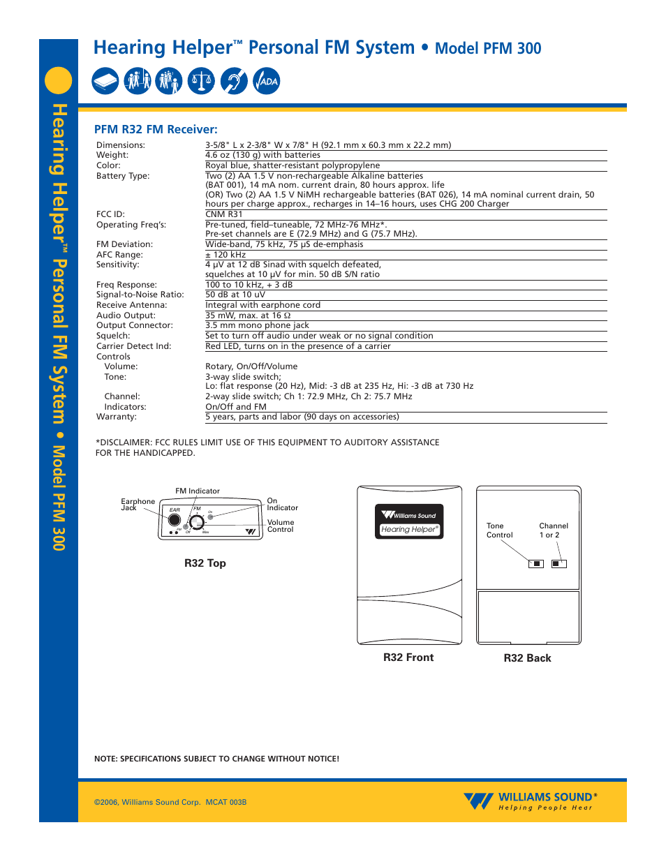 Hearing helper, Personal fm system, Model pfm 300 | Pfm r32 fm receiver | Williams Sound PFM 300 User Manual | Page 2 / 4