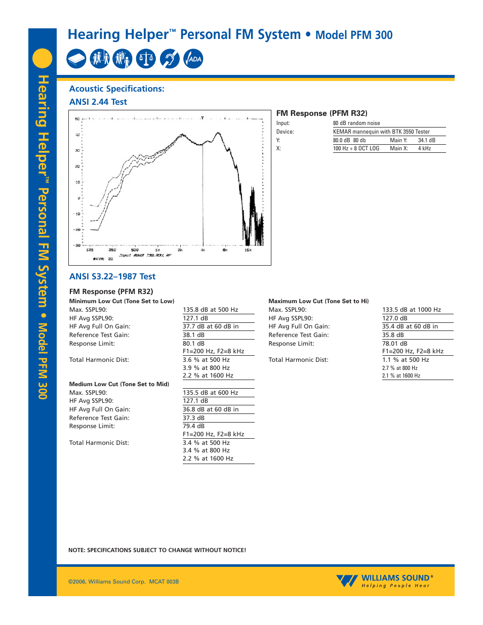 Hearing helper, Personal fm system, Model pfm 300 | Acoustic specifications: ansi 2.44 test | Williams Sound PFM 300 User Manual | Page 3 / 4