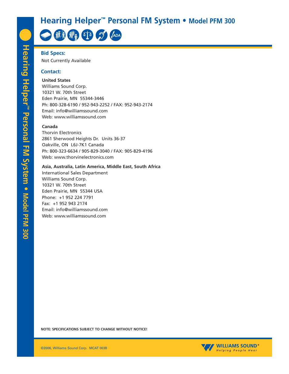 Hearing helper, Personal fm system, Model pfm 300 | Williams Sound PFM 300 User Manual | Page 4 / 4