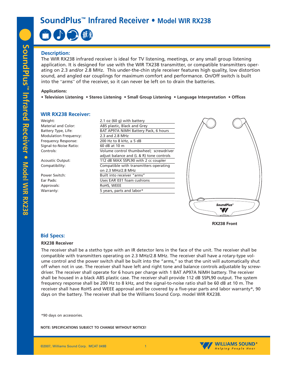 Williams Sound SoundPlus Infrared Receiver WIR RX238 User Manual | 2 pages