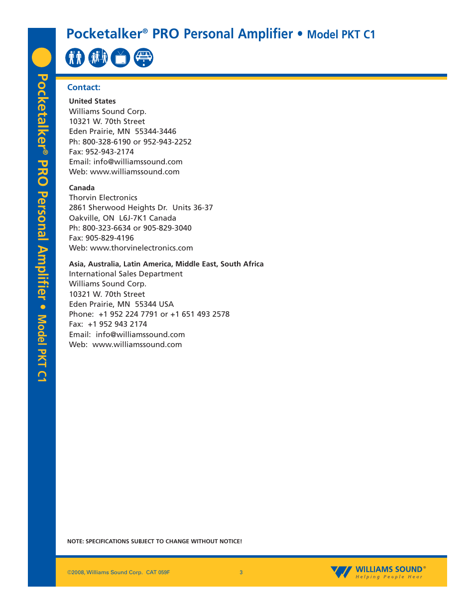 Pocketalker, Pro personal amplifier, Model pkt c1 | Williams Sound PKT C1 User Manual | Page 3 / 3