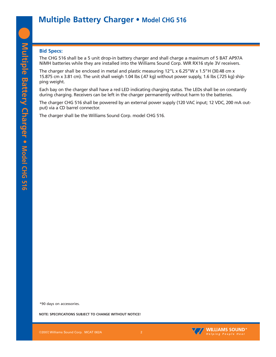 Multiple battery charger, Model chg 516 | Williams Sound CHG 516 User Manual | Page 2 / 3