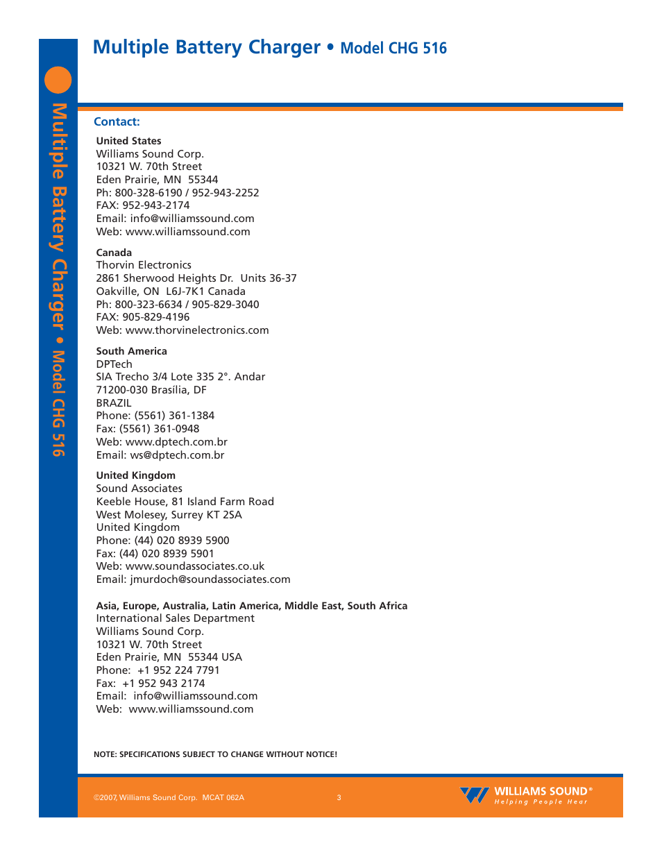Multiple battery charger, Model chg 516 | Williams Sound CHG 516 User Manual | Page 3 / 3