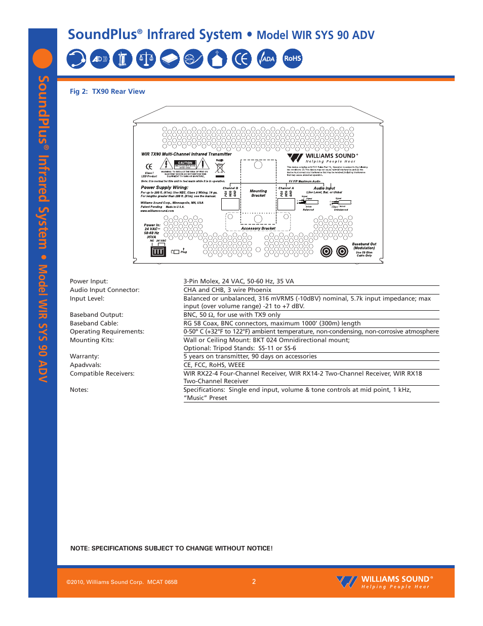 Soundplus, Infrared system, Model wir sys 90 adv | Williams Sound SoundPlus Infrared System WIR SYS 90 PRO User Manual | Page 2 / 10