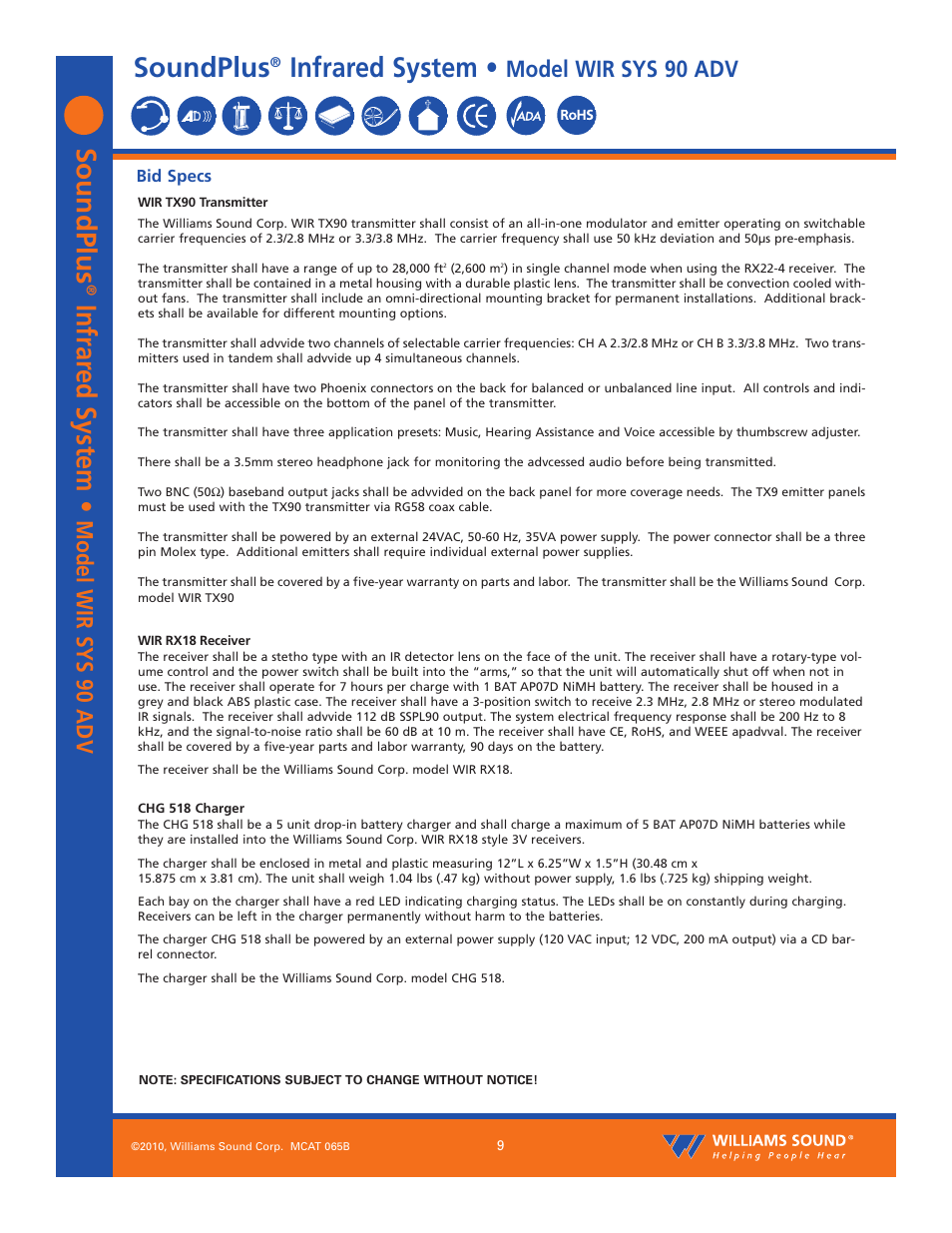 Soundplus, Infrared system, Model wir sys 90 adv | Williams Sound SoundPlus Infrared System WIR SYS 90 PRO User Manual | Page 9 / 10