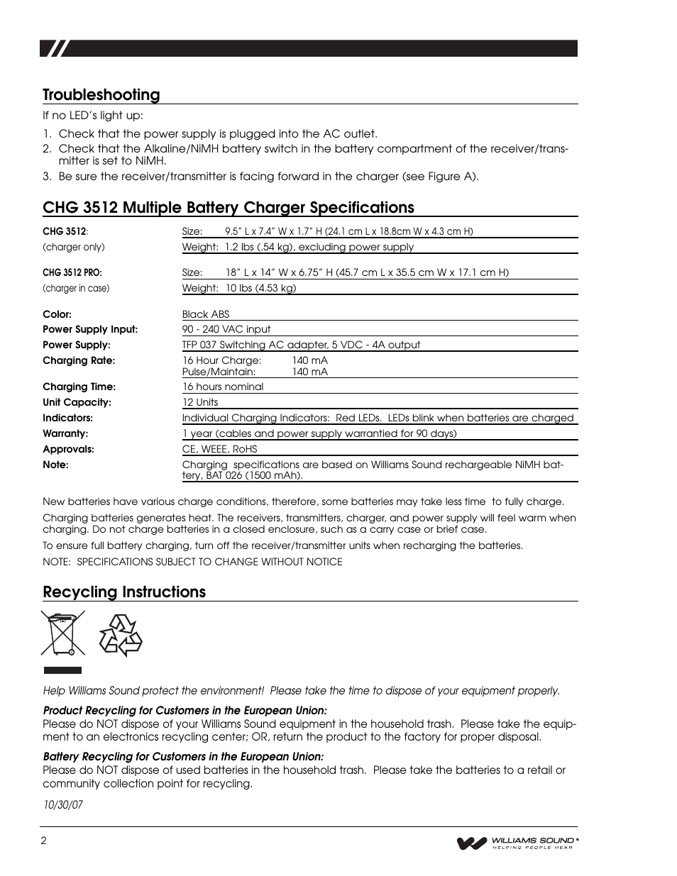 Chg 3512 multiple battery charger specifications, Troubleshooting, Recycling instructions | Williams Sound CHG 3512 User Manual | Page 2 / 4