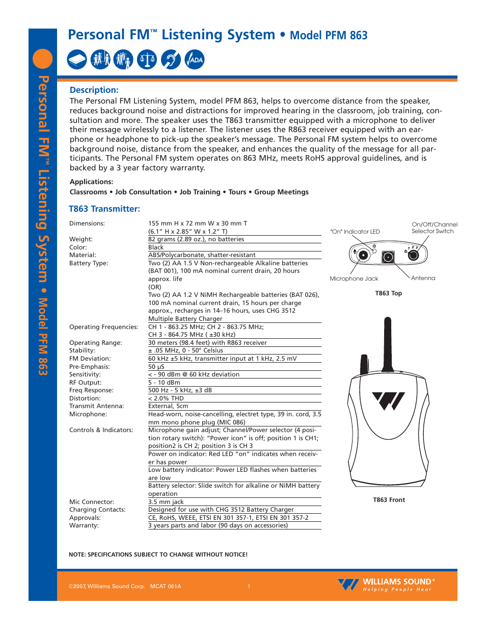 Williams Sound PFM 863 User Manual | 4 pages