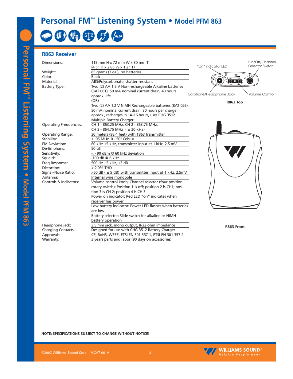 Personal fm, Listening system, Model pfm 863 | R863 receiver | Williams Sound PFM 863 User Manual | Page 2 / 4