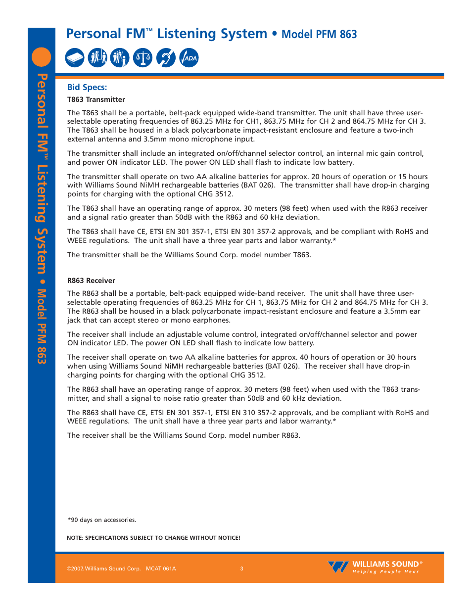 Personal fm, Listening system, Model pfm 863 | Williams Sound PFM 863 User Manual | Page 3 / 4