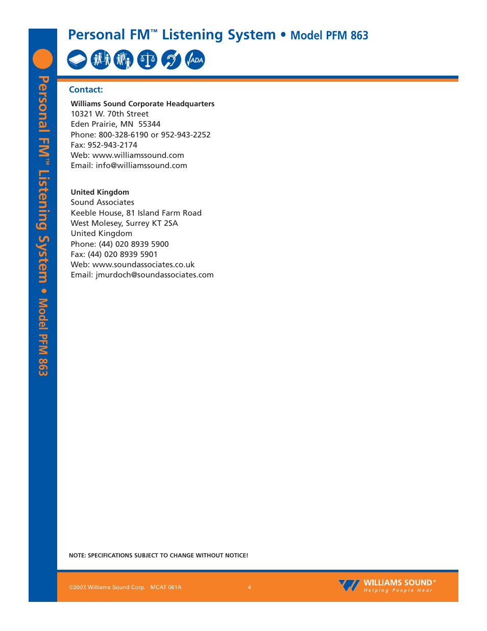 Personal fm, Listening system, Model pfm 863 | Williams Sound PFM 863 User Manual | Page 4 / 4