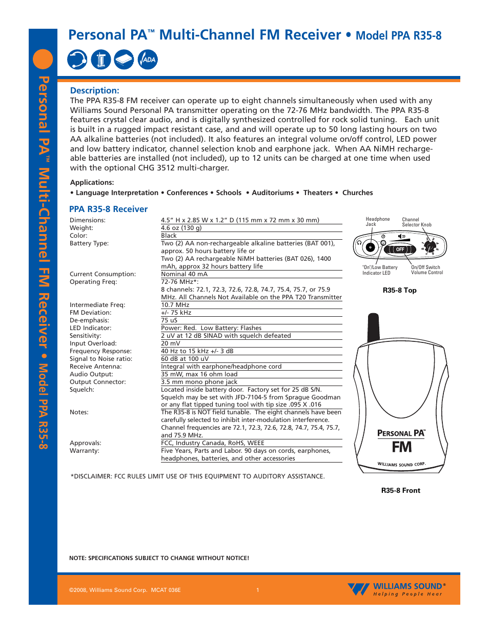 Williams Sound PPA R35-8N User Manual | 3 pages