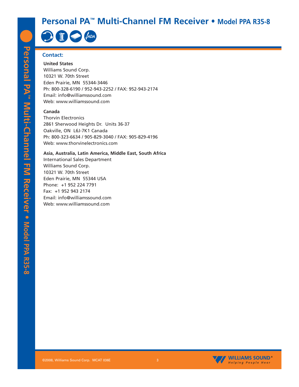 Personal p a, Multi-channel fm receiver, Personal pa | Williams Sound PPA R35-8N User Manual | Page 3 / 3