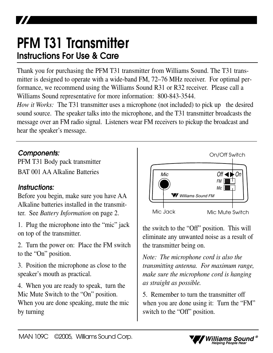 Williams Sound Transmitter PFM T31 User Manual | 4 pages