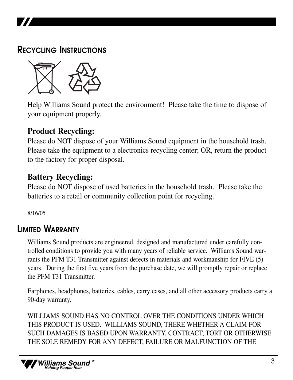 Product recycling, Battery recycling | Williams Sound Transmitter PFM T31 User Manual | Page 3 / 4