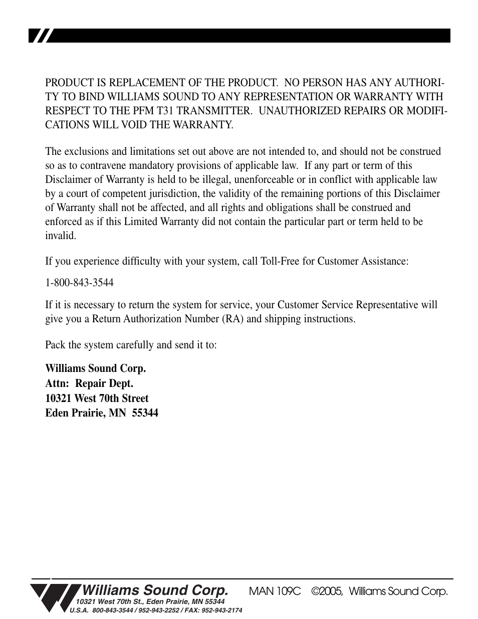 Williams sound corp | Williams Sound Transmitter PFM T31 User Manual | Page 4 / 4