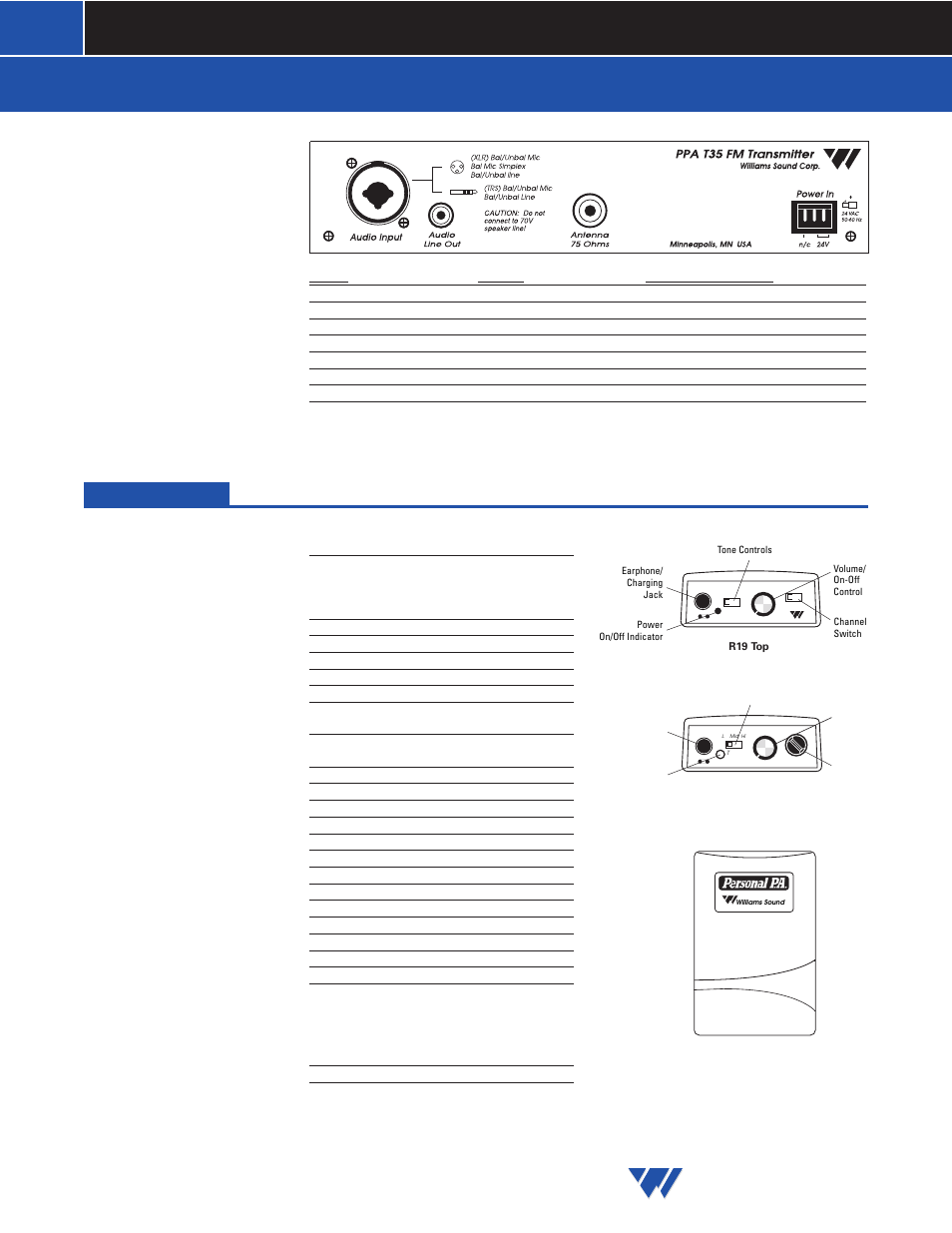 Personal pa, Fm listening system, model ppa 575, Williams sound | T35 rear panel, Ppa r19 receiver | Williams Sound FM Listening System PPA 575 User Manual | Page 2 / 4