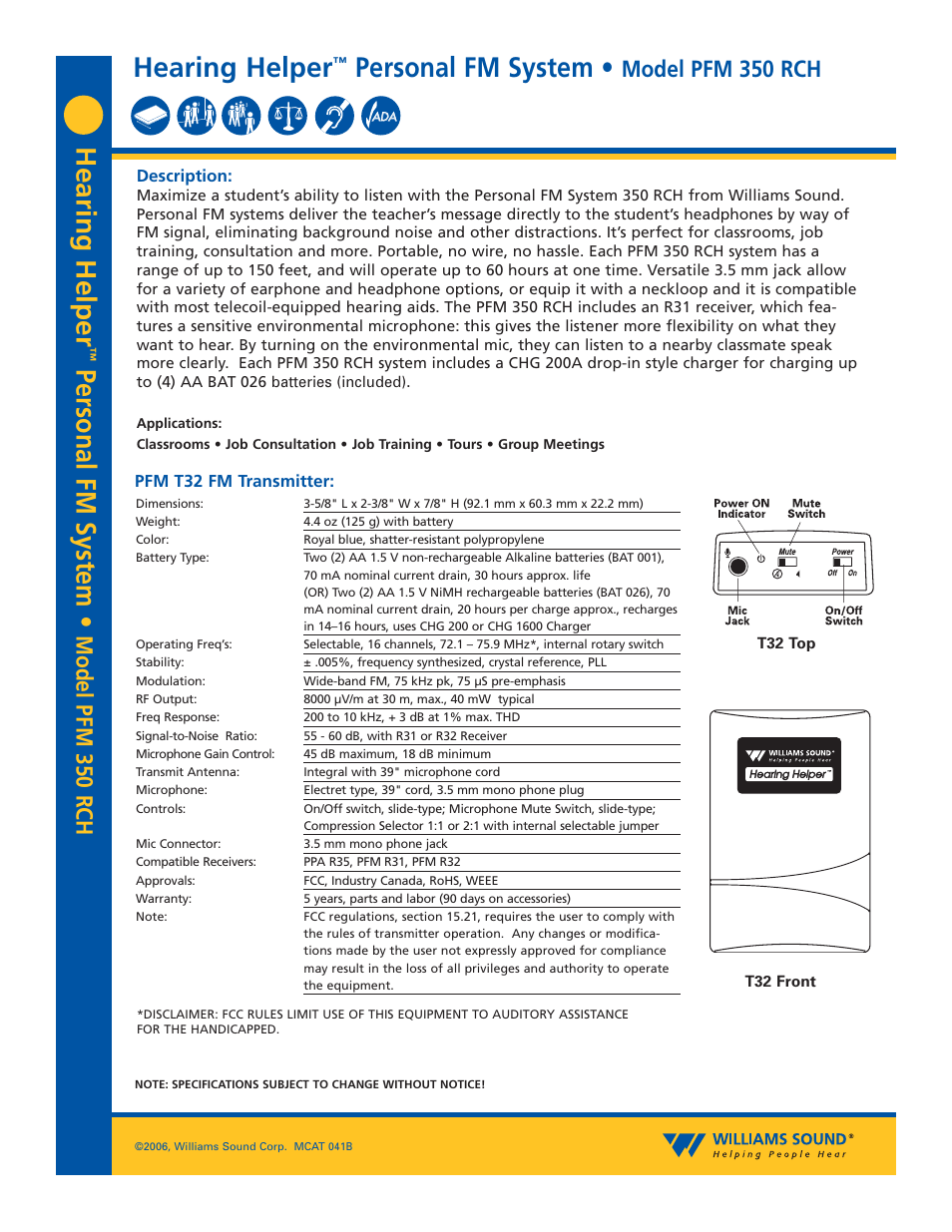 Williams Sound PFM 350 RCH User Manual | 4 pages
