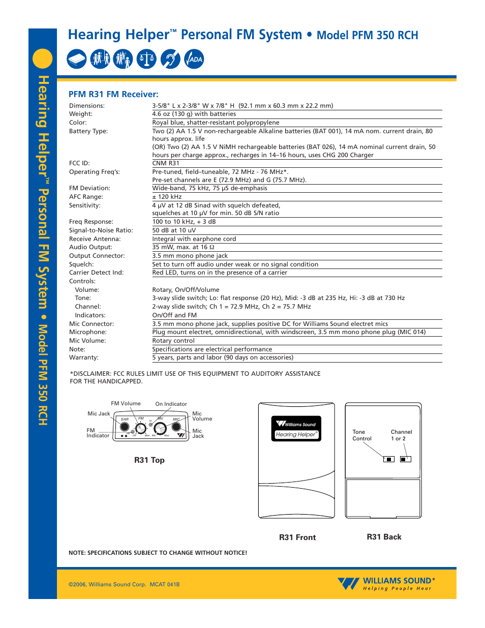 Hearing helper, Personal fm system, Model pfm 350 rch | Pfm r31 fm receiver | Williams Sound PFM 350 RCH User Manual | Page 2 / 4