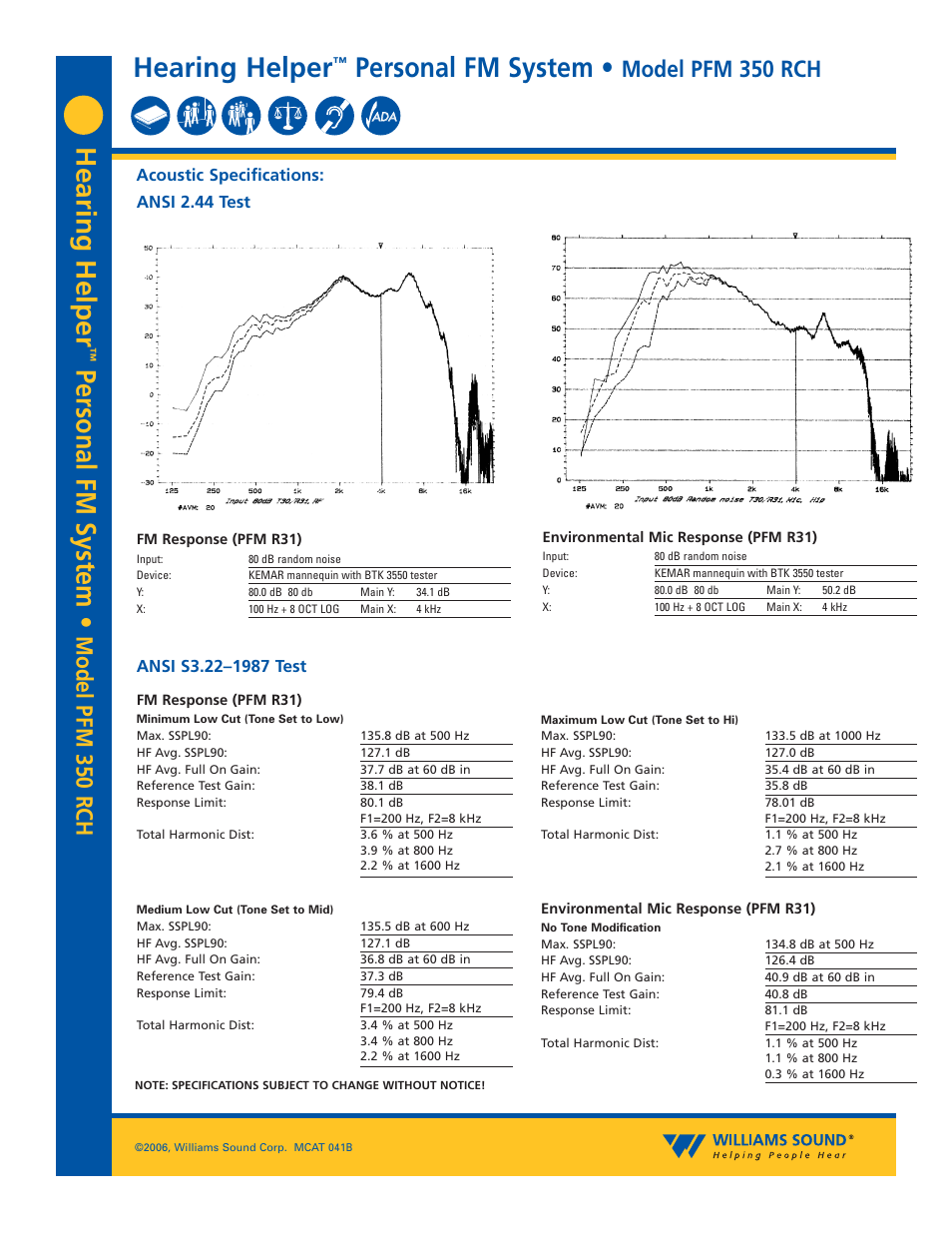Hearing helper, Personal fm system, Model pfm 350 rch | Williams Sound PFM 350 RCH User Manual | Page 3 / 4