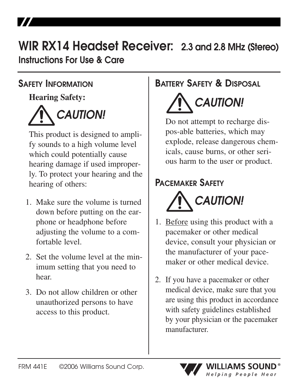 Williams Sound WIR RX14 User Manual | 6 pages