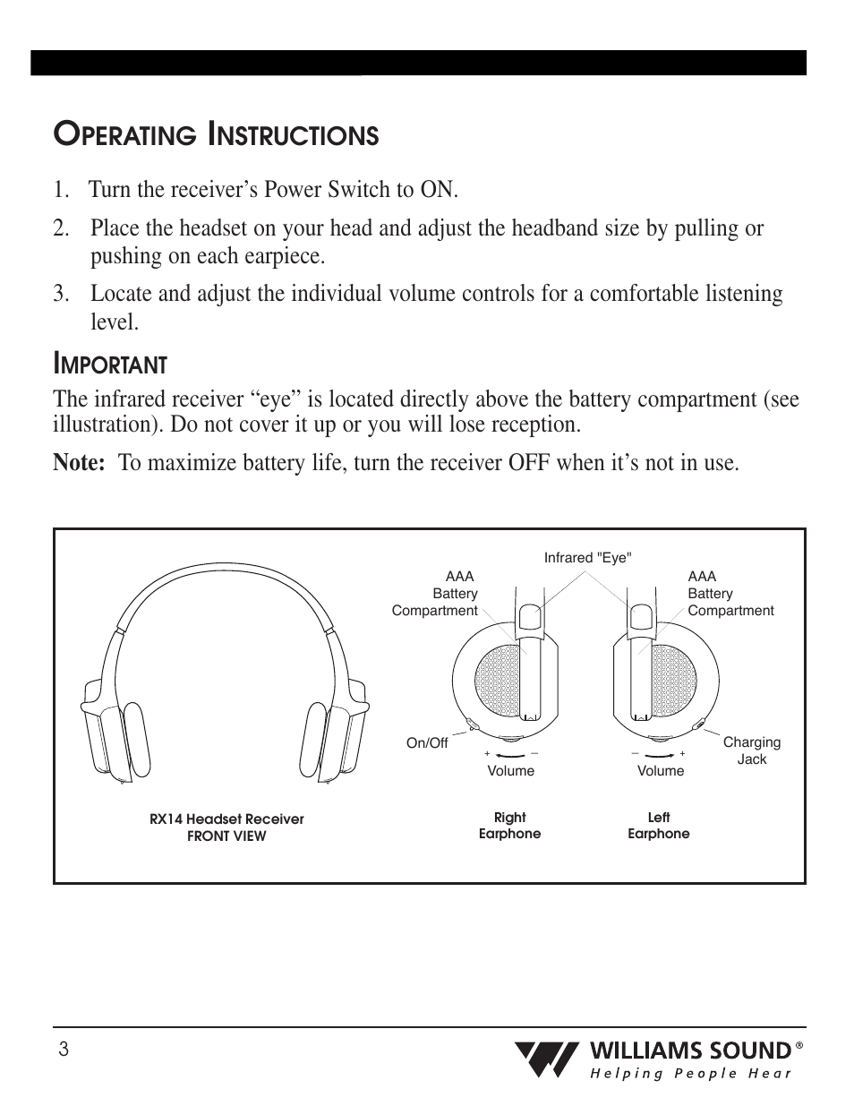 Perating, Nstructions, Mportant | Williams Sound WIR RX14 User Manual | Page 3 / 6