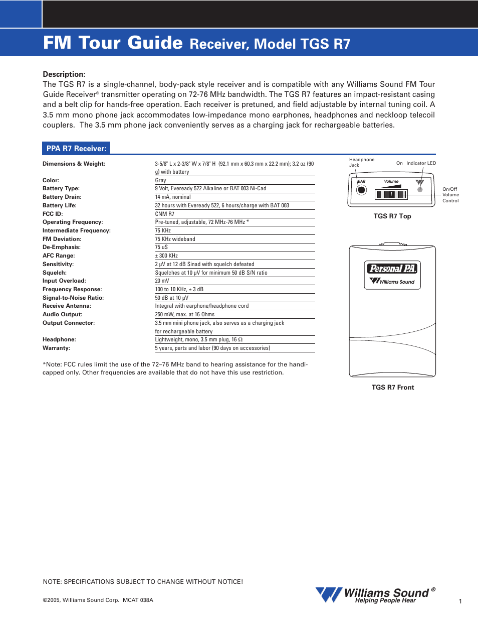 Williams Sound TGS R7 User Manual | 3 pages