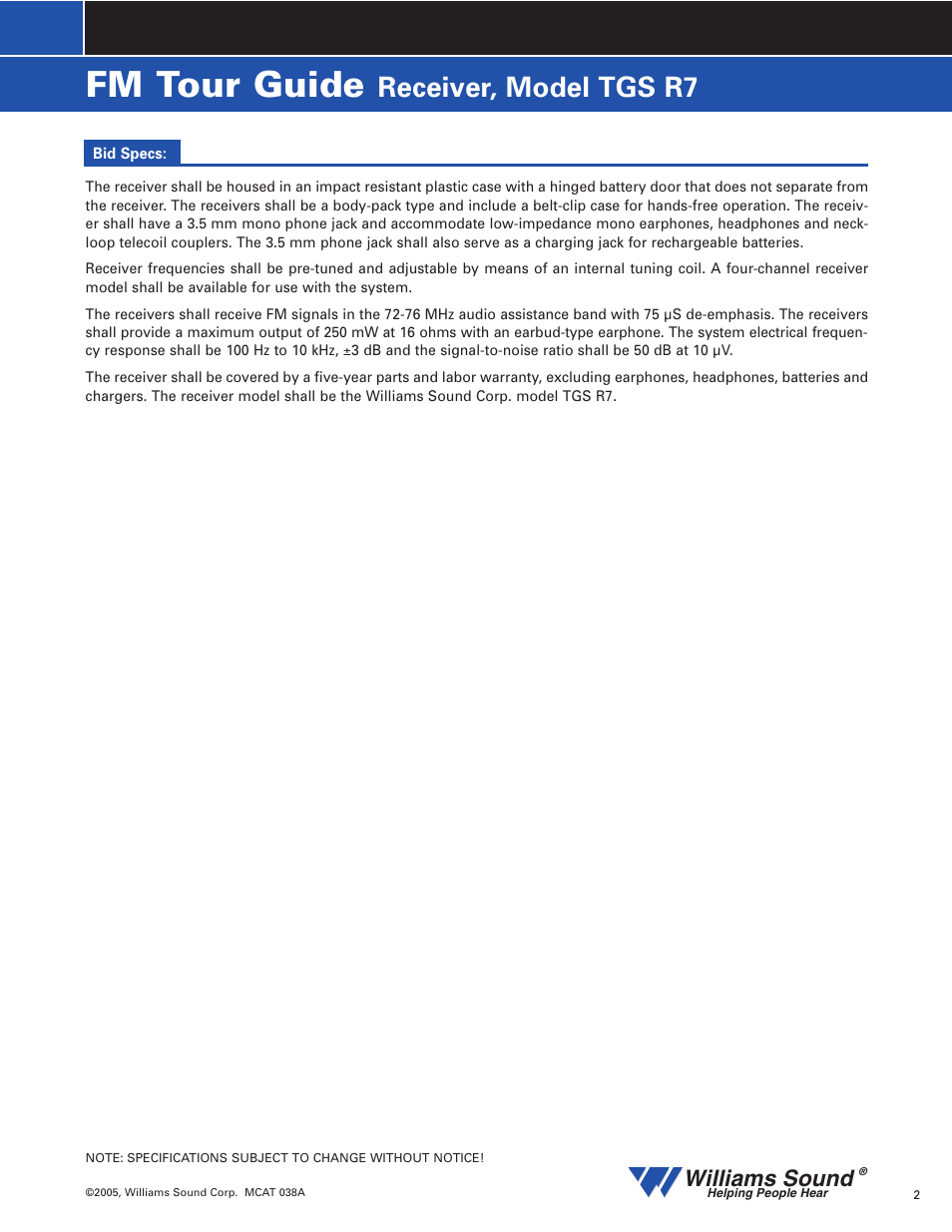 Fm tour guide, Receiver, model tgs r7, Williams sound | Williams Sound TGS R7 User Manual | Page 2 / 3