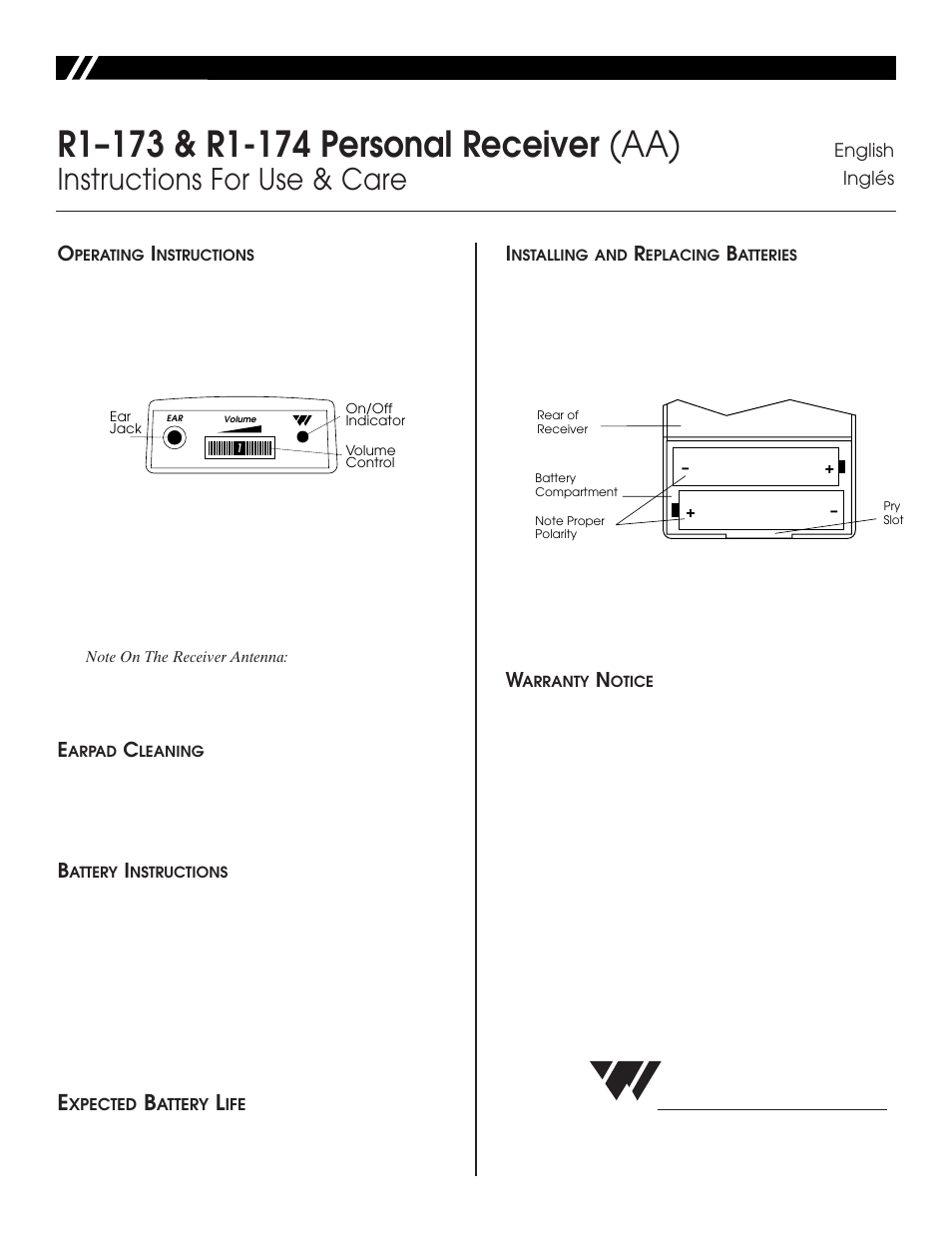 Williams Sound Personal Receiver R1-174 User Manual | 2 pages