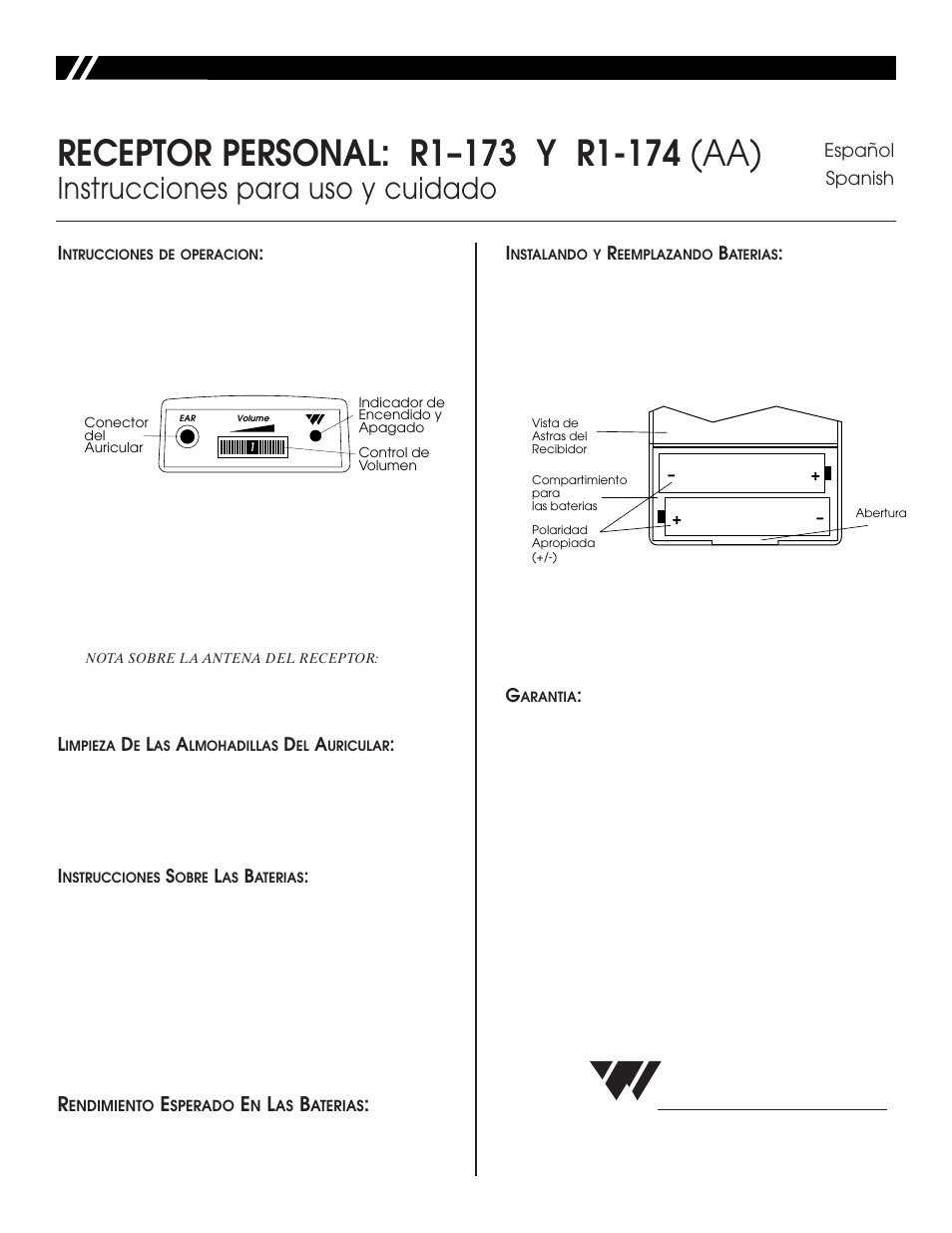 Williams sound, Instrucciones para uso y cuidado | Williams Sound Personal Receiver R1-174 User Manual | Page 2 / 2