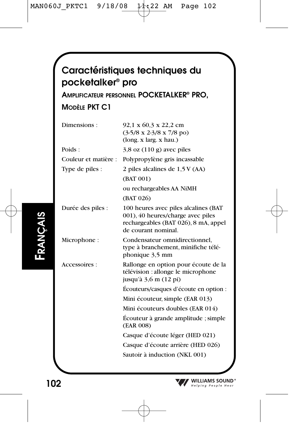 Rançais, Caractéristiques techniques du pocketalker | Williams Sound Personal Amplifier User Manual | Page 102 / 116