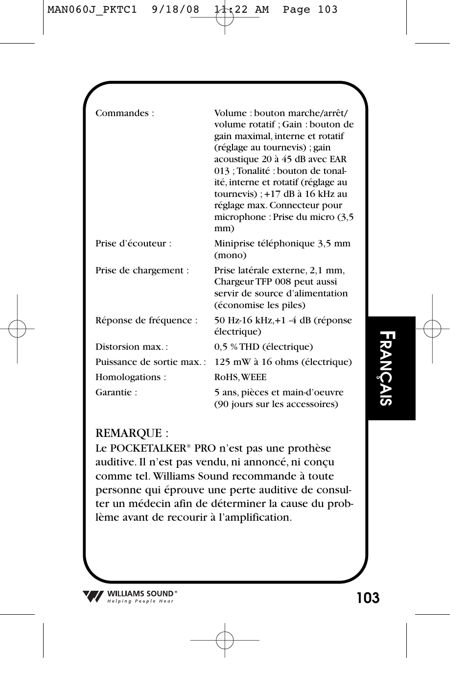 Rançais, Remarque | Williams Sound Personal Amplifier User Manual | Page 103 / 116