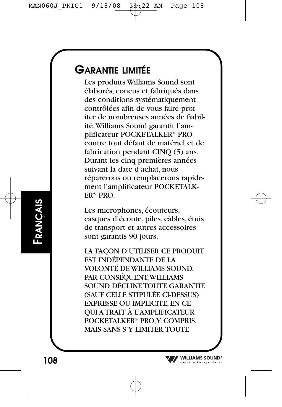 Rançais | Williams Sound Personal Amplifier User Manual | Page 108 / 116