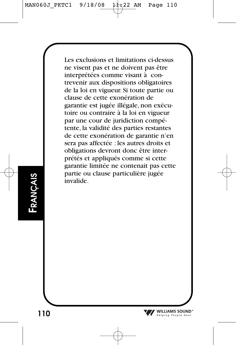 Williams Sound Personal Amplifier User Manual | Page 110 / 116