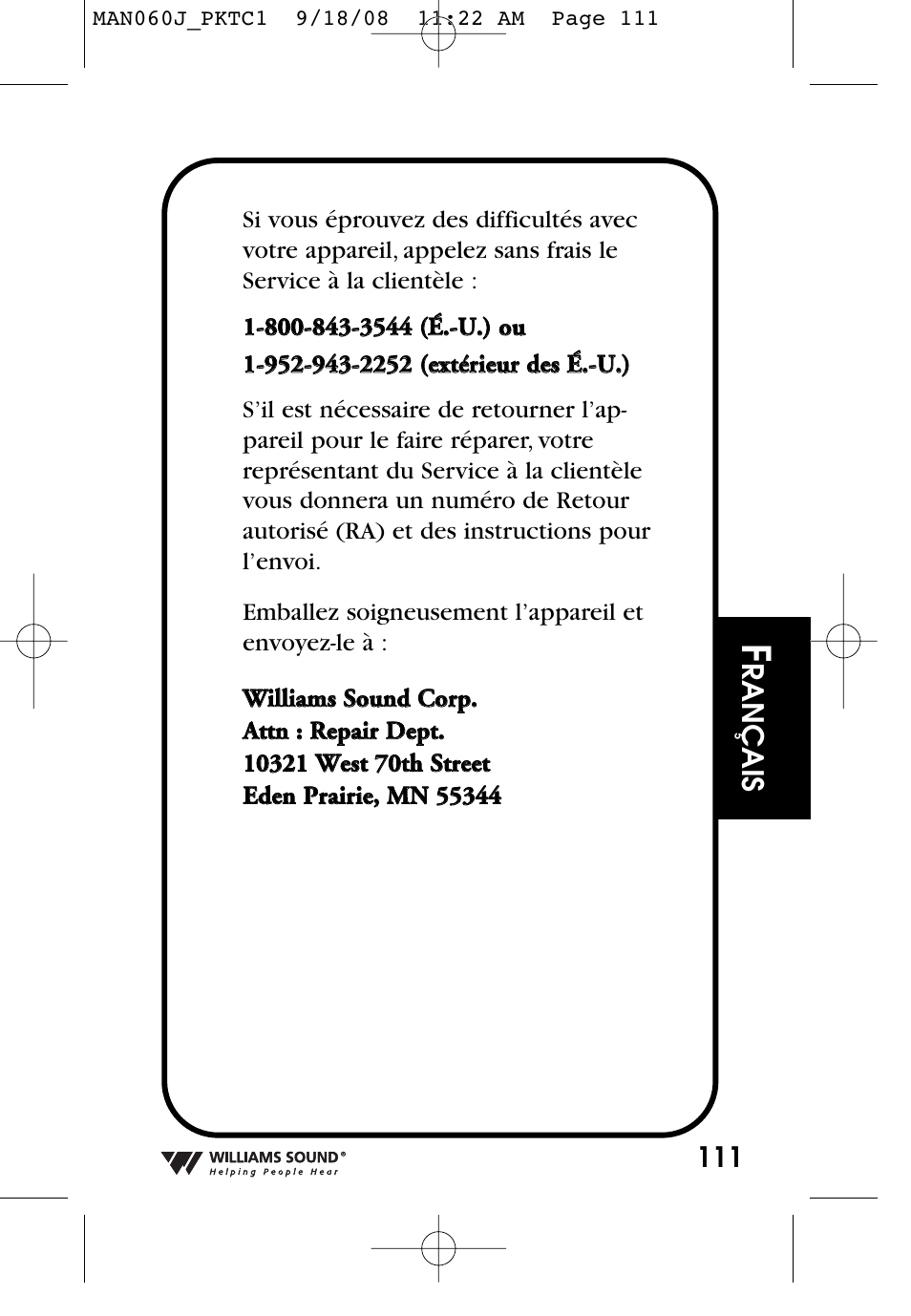 Rançais | Williams Sound Personal Amplifier User Manual | Page 111 / 116