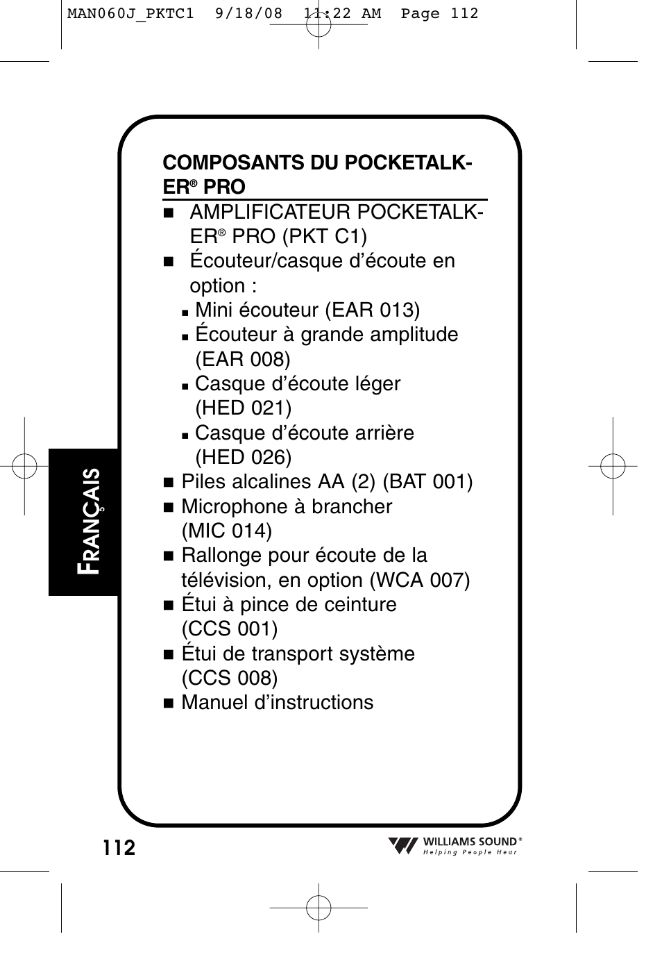 Williams Sound Personal Amplifier User Manual | Page 112 / 116