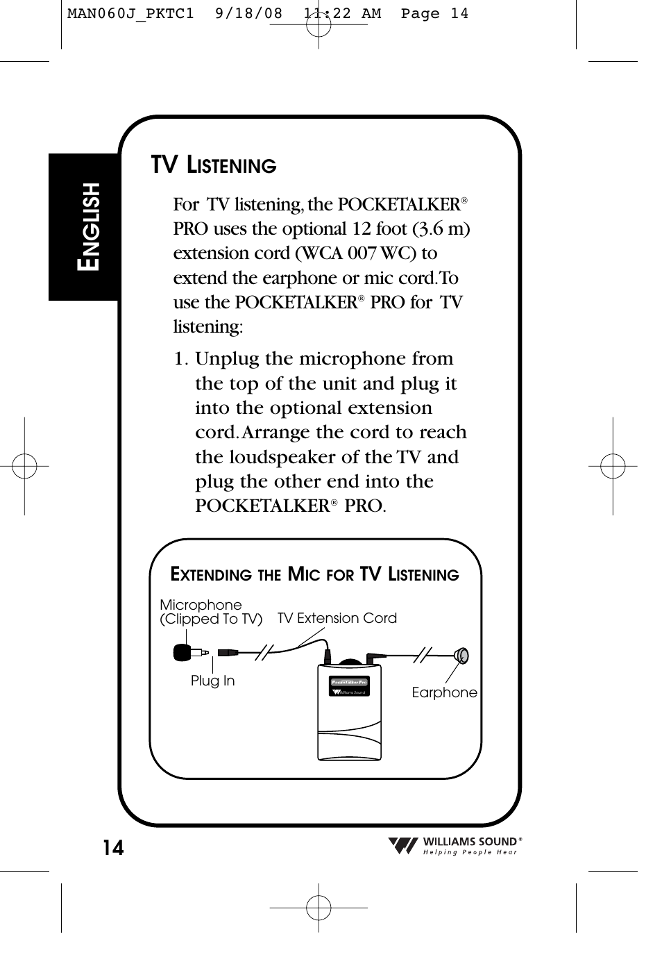 Tv l, Nglish, For tv listening, the pocketalker | Williams Sound Personal Amplifier User Manual | Page 14 / 116