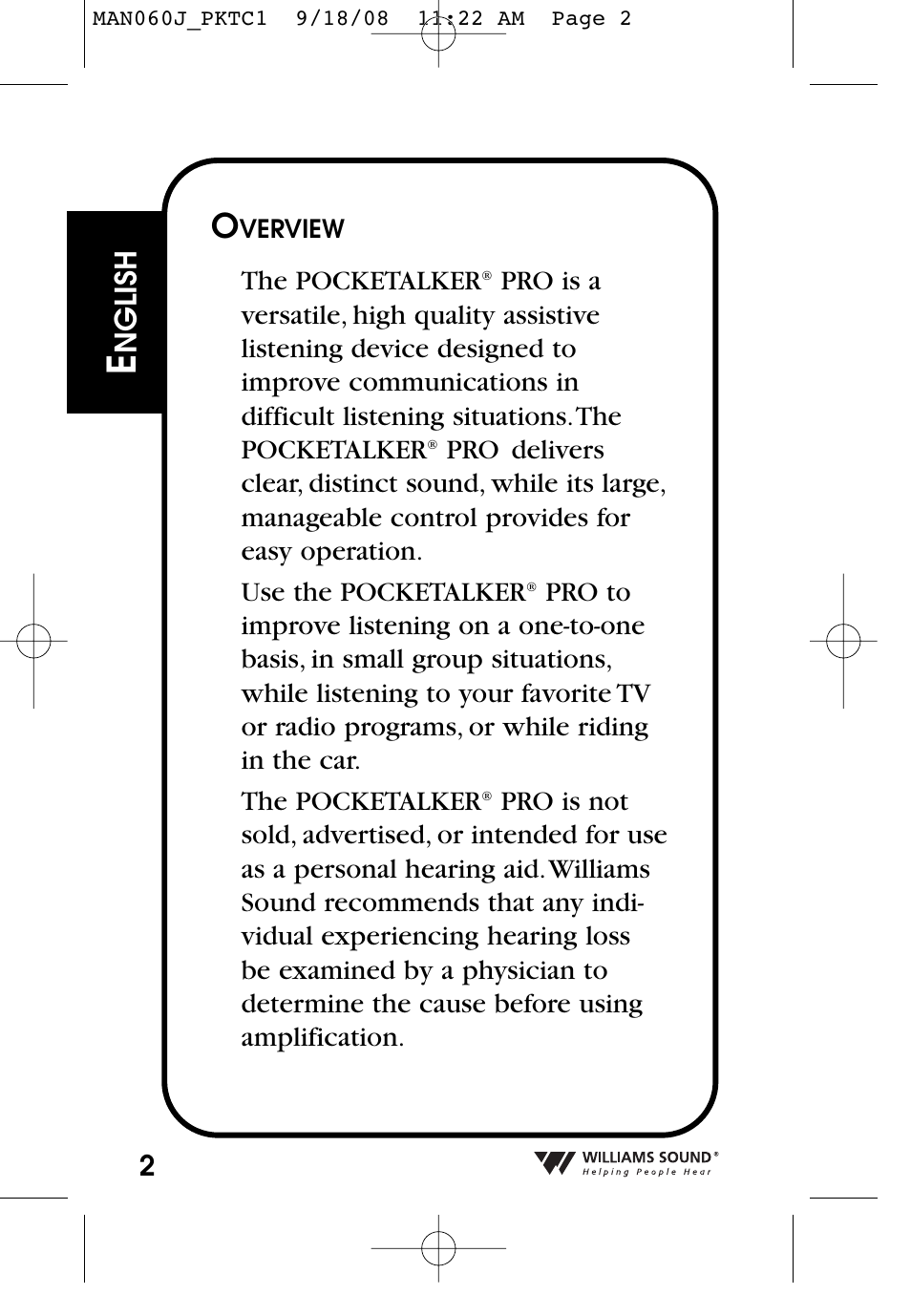 Williams Sound Personal Amplifier User Manual | Page 2 / 116