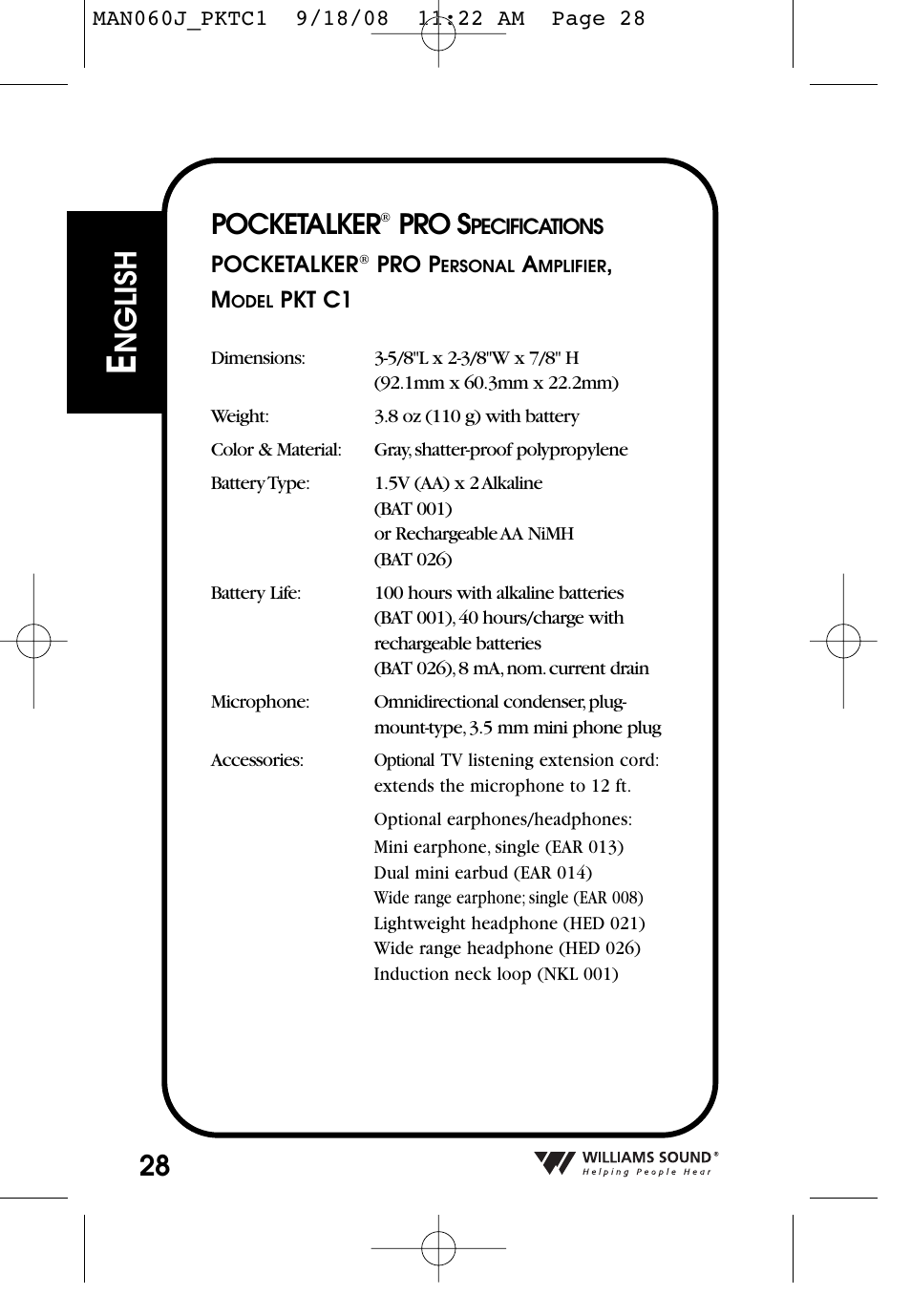 Nglish, Pocketalker, Pro s | Williams Sound Personal Amplifier User Manual | Page 28 / 116