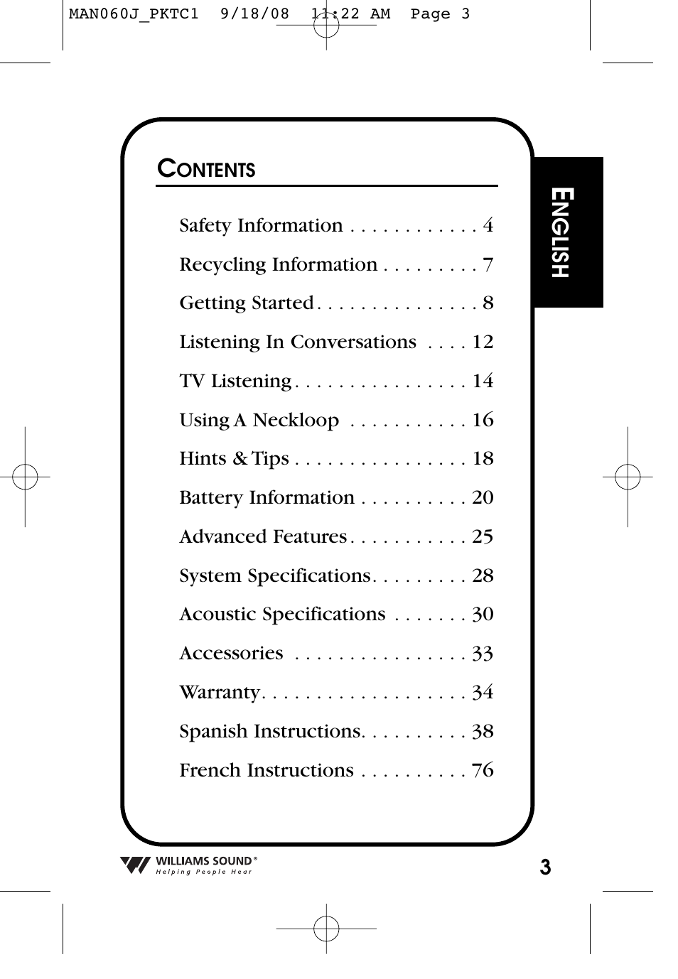 Williams Sound Personal Amplifier User Manual | Page 3 / 116