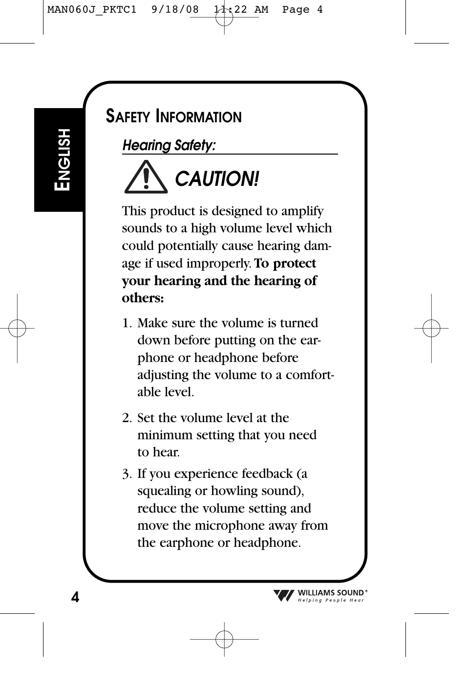 Caution | Williams Sound Personal Amplifier User Manual | Page 4 / 116