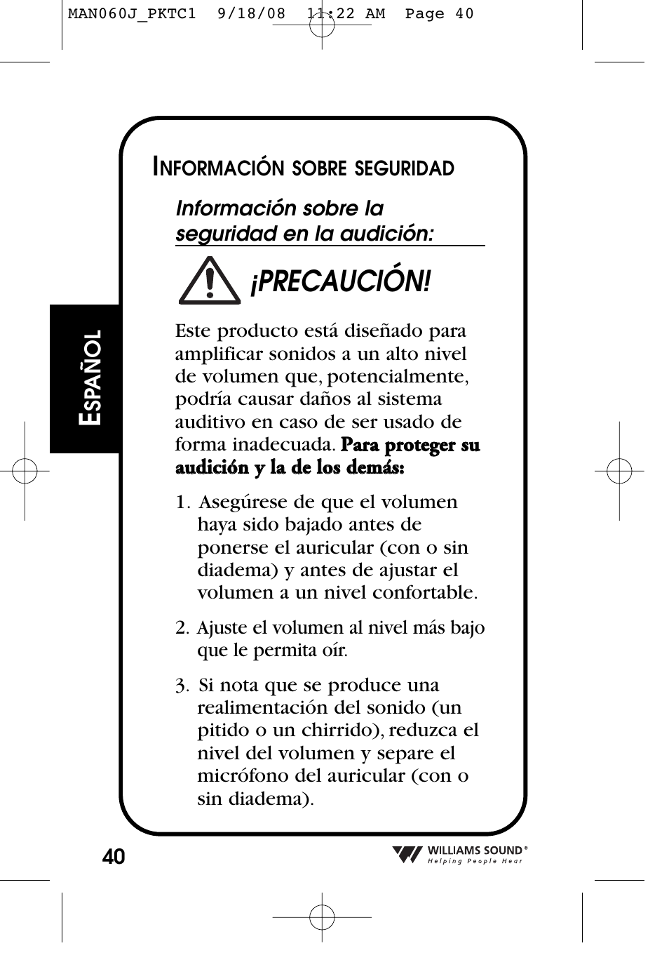 Precaución | Williams Sound Personal Amplifier User Manual | Page 40 / 116