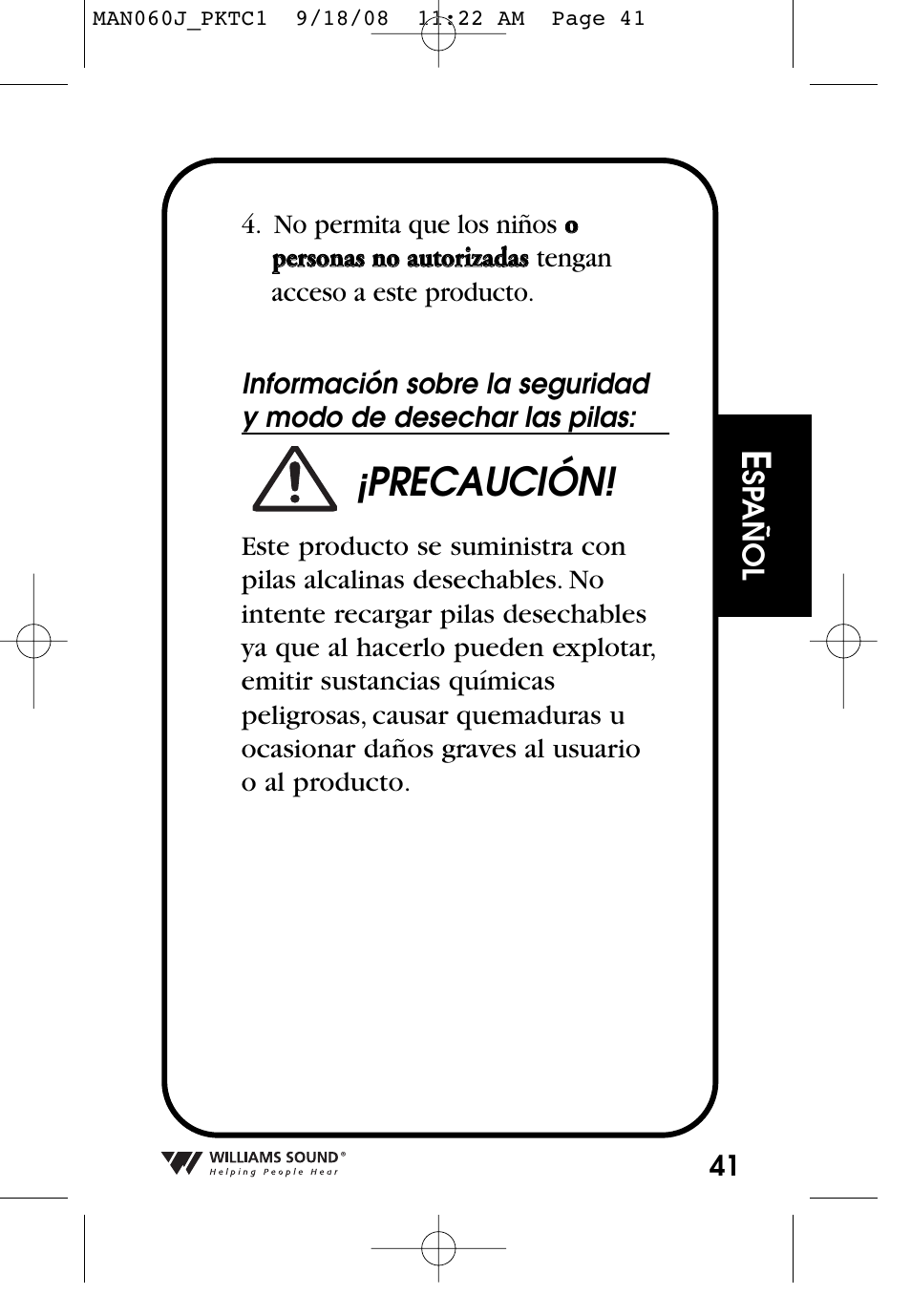 Precaución | Williams Sound Personal Amplifier User Manual | Page 41 / 116