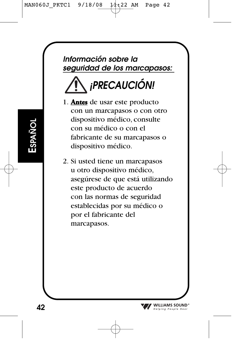 Precaución | Williams Sound Personal Amplifier User Manual | Page 42 / 116