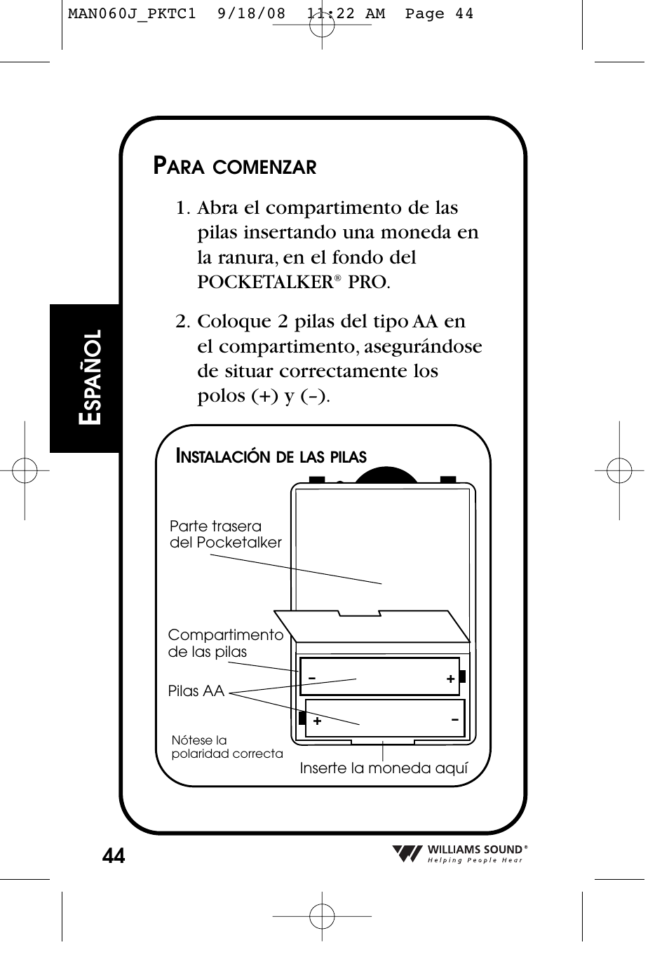 Sp añol | Williams Sound Personal Amplifier User Manual | Page 44 / 116