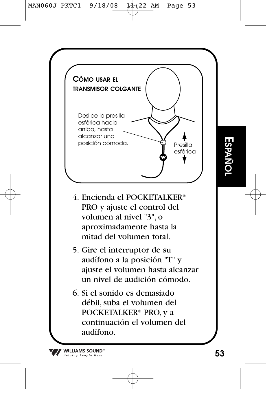 Sp añol, 53 4. encienda el pocketalker, Pro, y a continuación el volumen del audífono | Williams Sound Personal Amplifier User Manual | Page 53 / 116