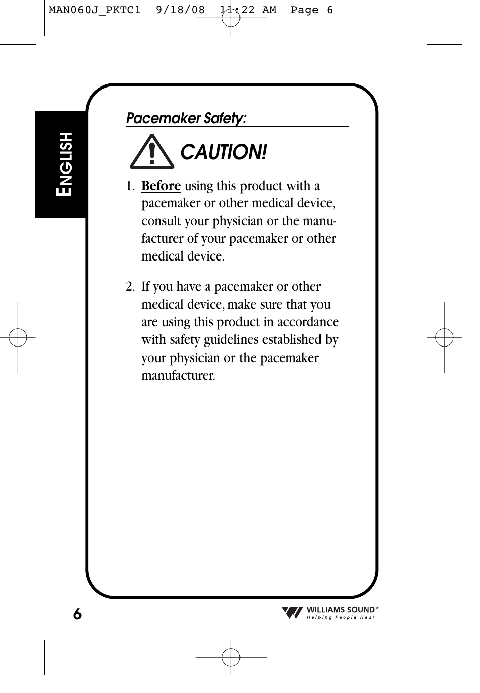 Caution | Williams Sound Personal Amplifier User Manual | Page 6 / 116