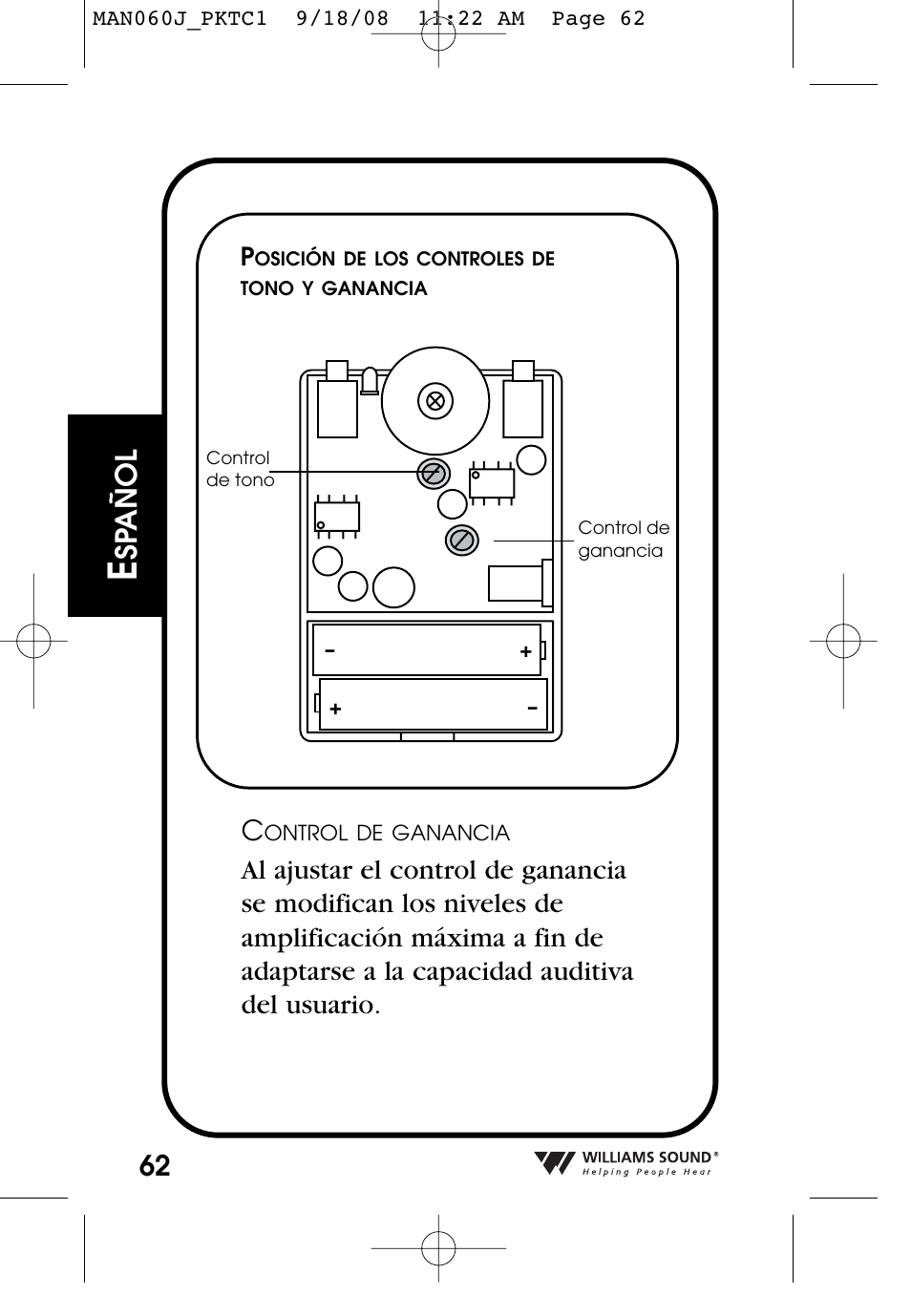 Sp añol | Williams Sound Personal Amplifier User Manual | Page 62 / 116
